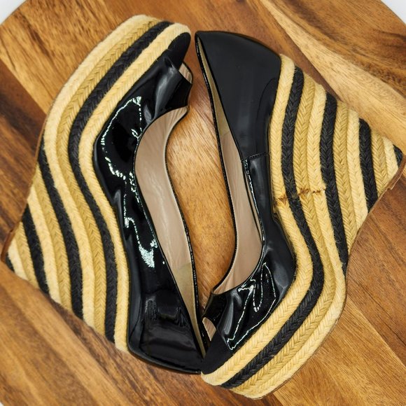 Brian Atwood Wedges Heels 40 Black Tan Cream Patent Leather Peep Toe Espadrilles - Picture 9 of 13